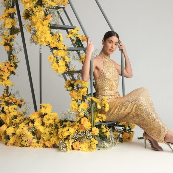 NWT MAC DUGGAL SZ 2 11281 SEQUIN HALTER NECK SOFT TIE DRESS CHAMPAGNE GOLD - Picture 4 of 9